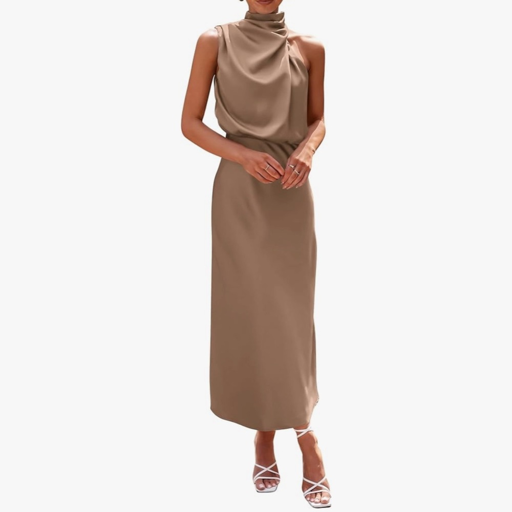 Elegant Tan, Sleeveless, Mock Neck Dress